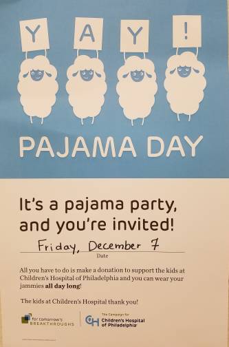 We are having a PJ Spirit Day for everyone at Warwick tomorrow!  Student Council asks that families and staff consider making an optional donation to support CHOP.