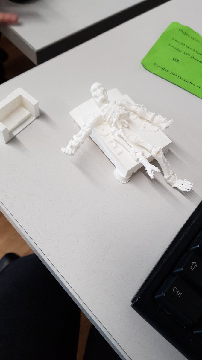 DigitalLPS's tweet photo. P5 are loving the 3D printer...so far we have Gary (the hip-less skeleton) to tie in with our human body project...the children have then been making furniture for him! So far he has a bed and a couch. #Dun3Dee https://t.co/AYNxVBbyPT