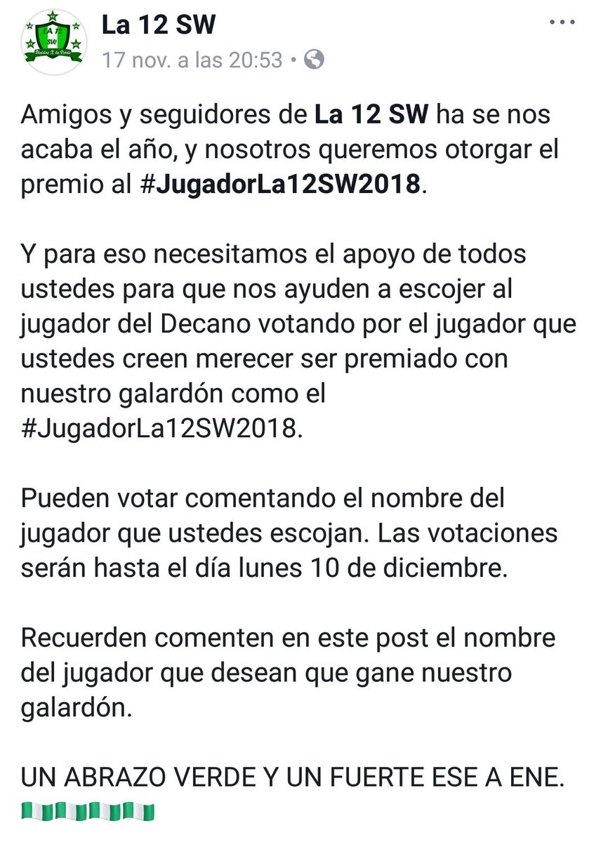 La_12_SW's tweet photo. Caturr@s! Todos a votar para escoger al #JugadorLA12SW2018 usando este mismo hashtag y escribiendo el nombre del jugador que creen merece ser el #JugadorLA12SW2018 

Las votaciones son hasta el lunes 10 de diciembre, luego de esa fecha saldrá el ganador https://t.co/7TY21ICE3K
