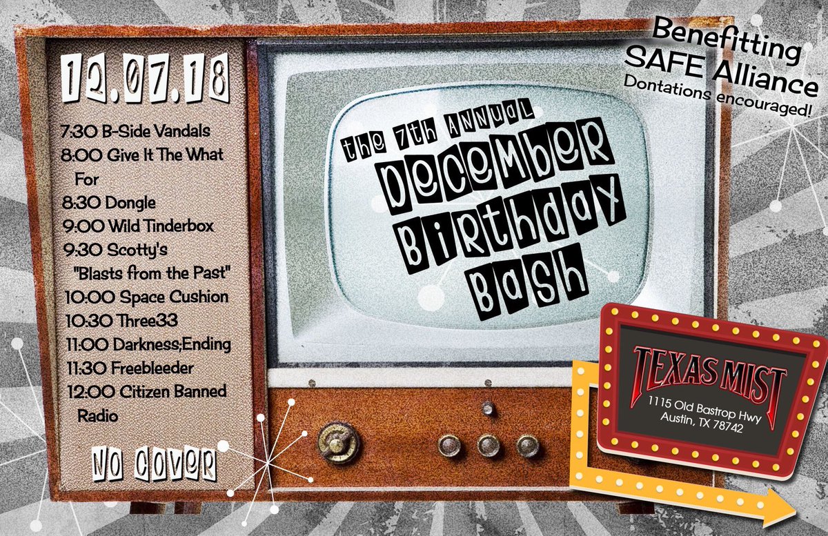 scottymcatx's tweet photo. TOMORROW!! On like King Kong!! #decemberbirthdaybash #texasmist #supportindiemusic @Dongle_Band @drummerben @WildTinderbox @three33music @darkness_ending @freebleederband @chasingaa @Loris_Lowe @BDOEROCKS @TheCJMorgan @cobracastpc @fox7austin @SAFEatx @monicamald @CorleyBill https://t.co/3BntkMBNeC