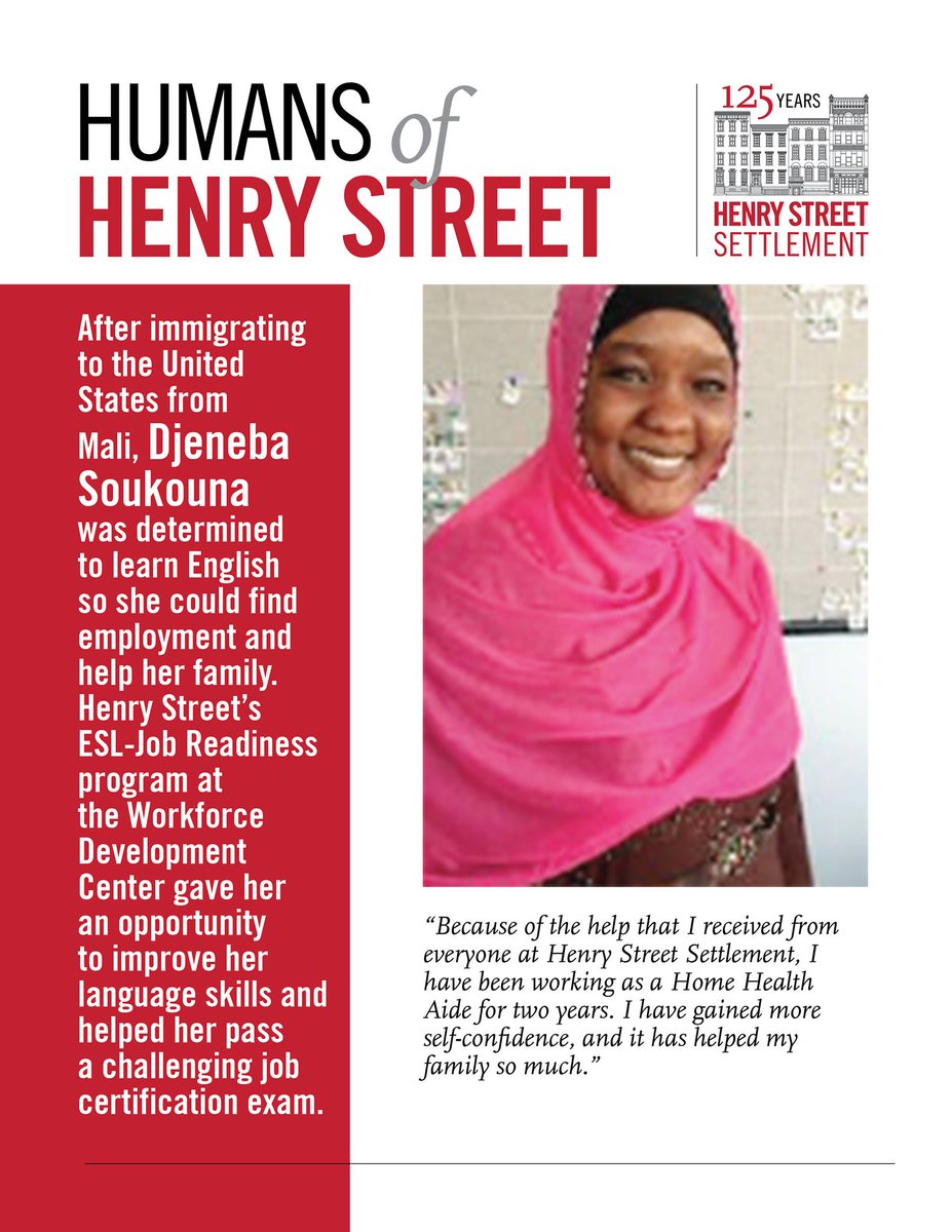 HenryStreet's tweet photo. After immigrating to the United States from Mali, today's #HumansOfHenryStreet Djeneba Soukouna was able to find ESL classes, job search help, self confidence, and so much more at our Workforce Development Center. https://t.co/4cp3befffO