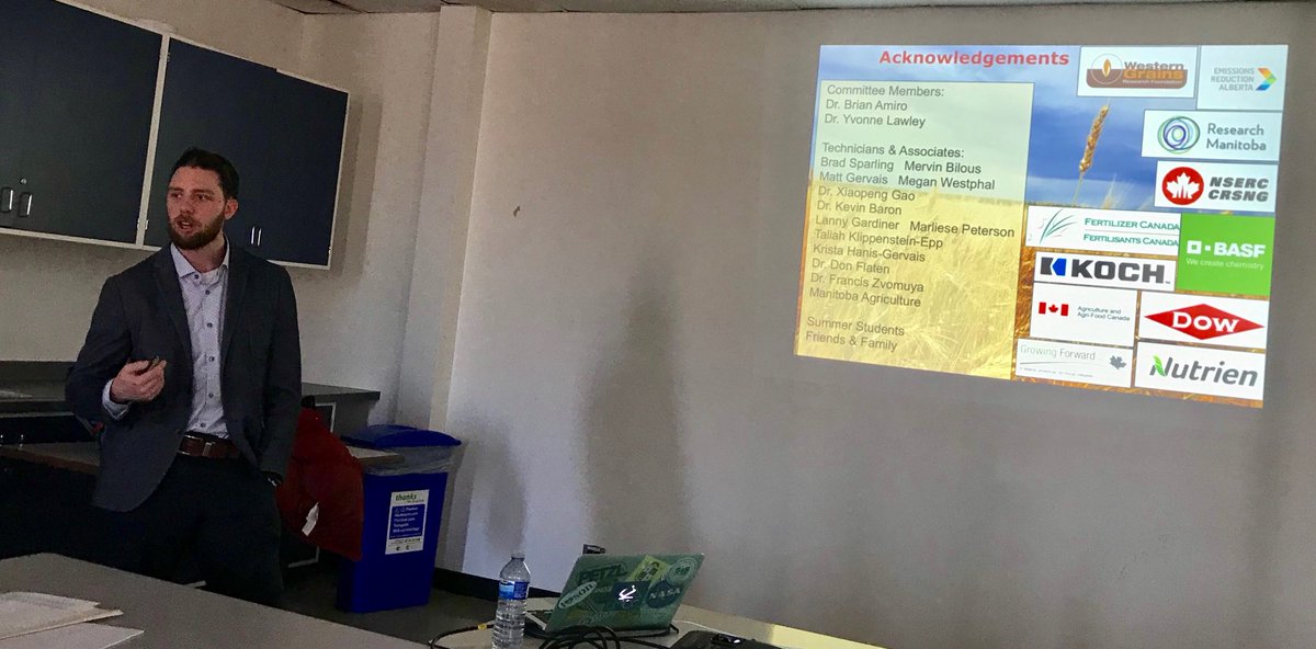 Matt Wood finishing up a very good summary presentation of his MSc thesis on enhanced efficiency fertilizers and timing (fall and spring) on N2O emission and spring wheat yield and protein. Now to the question period of the defense.