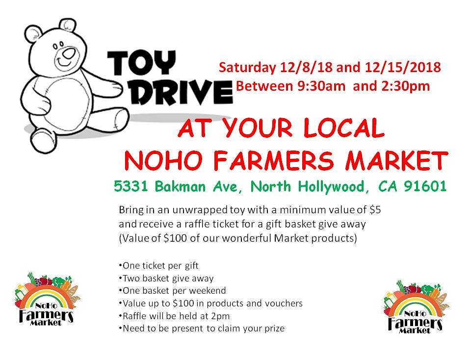 NohoFarmers's tweet photo. You're invited to the NoHo Farmers Market toy drive happening this Saturday and next Saturday. 🎄🎄🎄🎄🎄🎄🎄🎄🎄🎄🎄
This December, we’re asking for help from our friends and neighbors to make this holiday season brighter for others.

#northhollywood #toydrive #ToysForTots https://t.co/Ie9ryXjn4M