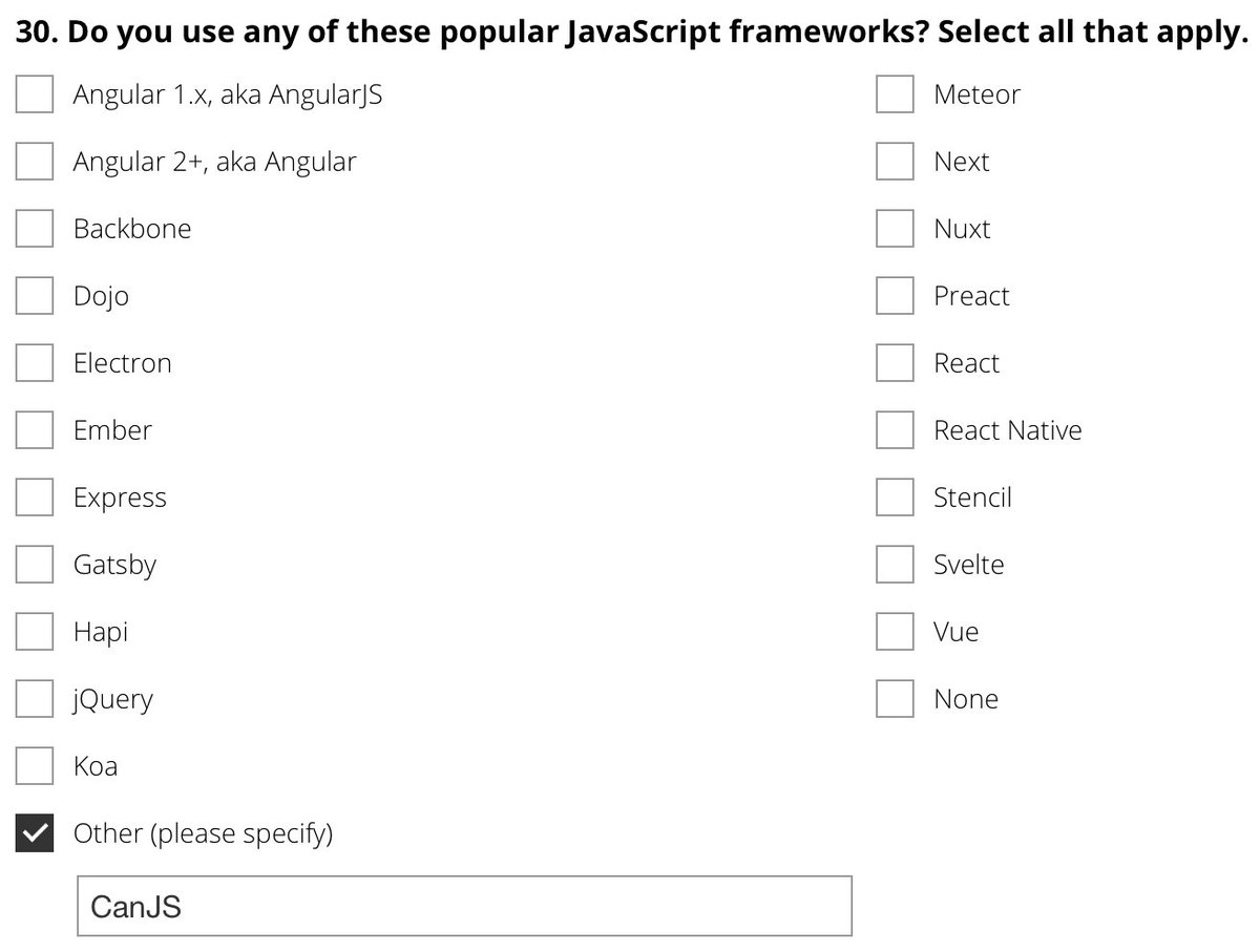 canjs's tweet image. Who voted for CanJS in the npm JS ecosystem survey? npmjs.com/2018-javascrip…