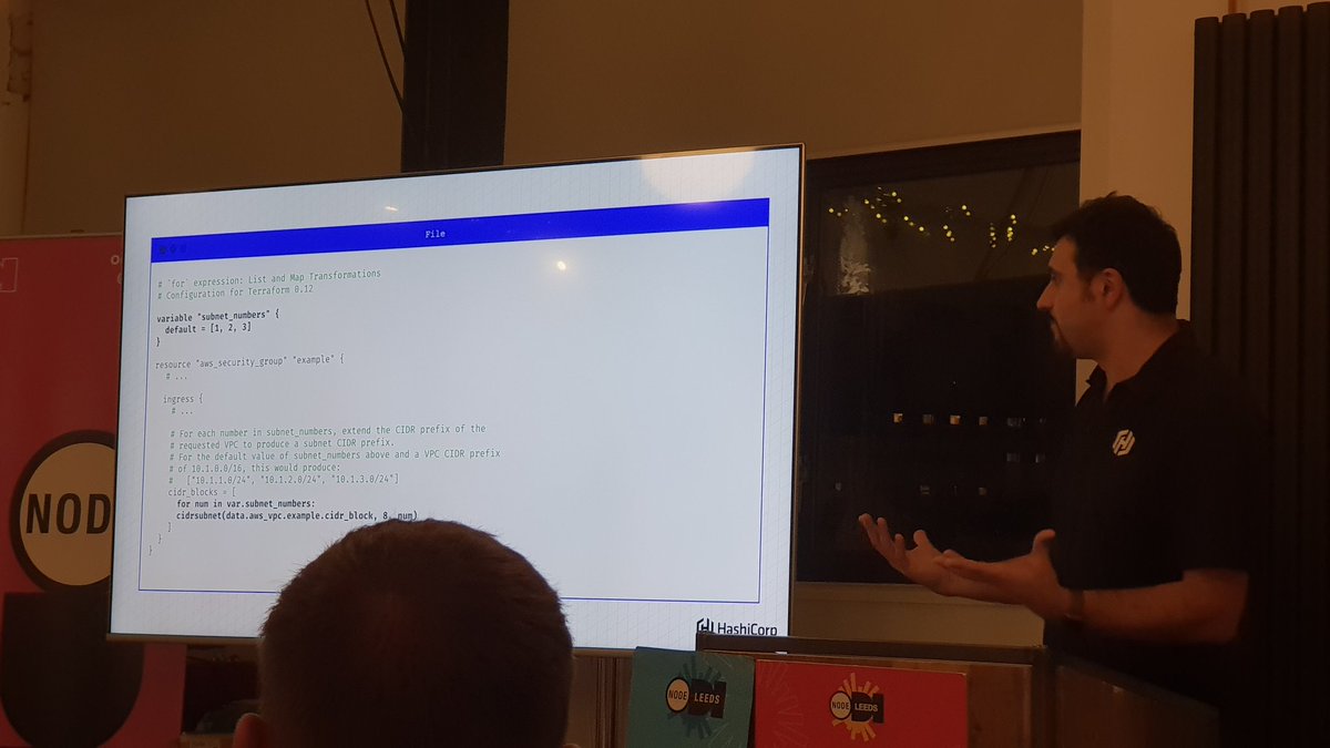 gwendiagram's tweet image. I'm at #leedsdevops, it's been a while! We are getting a run through of the rad new features #terraform 0.12 from @HashiCorp has from @nomadic_geek. This slide is showing for loops and one of the tables is the crowd went wild 😂
