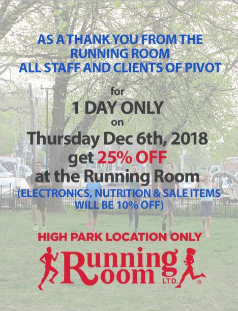 PivotSport's tweet photo. 25% OFF ALL DAY TODAY ONLY! Running Room, High Park Location.

Exclusive Offer for All Pivot clients and employees!

#runnersoftoronto #toronto #runningshoes #runningclub #runningroom #holidayseason #loveyouremployees #loveyourclients #holidayshopping #retailtherapy https://t.co/aaeG0hFp4K