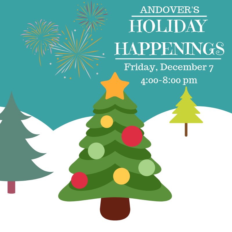 AndoverDCS's tweet photo. Reminder: Tomorrow, December 7, from 4:00-8:00 pm is the Town of Andover’s annual 𝐻𝑜𝓁𝒾𝒹𝒶𝓎 𝐻𝒶𝓅𝓅𝑒𝓃𝒾𝓃𝑔𝓈 event! Join us for a tree lighting, shopping, games, rides, fireworks &amp; more! Free to the community! https://t.co/q6e6cwrJSZ