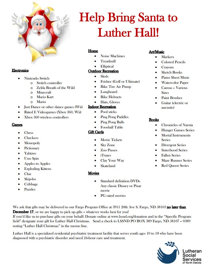 Looking to share the holiday spirit? #LutherHall kids have to spend time away from their families in order to get the help and support they need. Feel free to reach out to <a href="/LSSND/">?</a>Abby or see the options at the bottom of this wish list to help us provide healing and hope. @LSSND