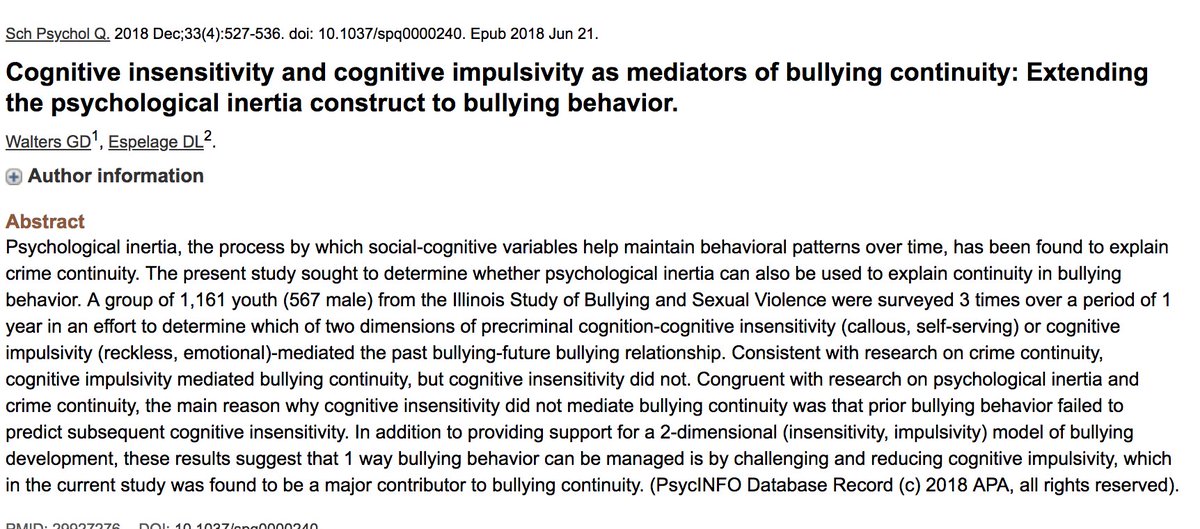 Dr. Dorothy Espelage (@drdotespelage) on Twitter photo New article out! Cognitive insensitivity and cognitive impulsivity as mediators of bullying continuity: Extending the psychological inertia construct to bullying behavior <a href="/UFPsychology/">UF Psychology Dept</a> <a href="/UFExplore/">University of Florida Research</a> <a href="/UFExplore/">University of Florida Research</a> <a href="/BULLY_RESEARCH/">Bullying Research Network</a> <a href="/BU_bullylab/">BU Bully Lab</a> <a href="/TheBullyLab/">Craig Bully Lab</a> <a href="/UB_BullyPrevCtr/">Alberti Center, University at Buffalo</a> @ New article out! Cognitive insensitivity and cognitive impulsivity as mediators of bullying continuity: Extending the psychological inertia construct to bullying behavior <a href="/UFPsychology/">UF Psychology Dept</a> <a href="/UFExplore/">University of Florida Research</a> <a href="/UFExplore/">University of Florida Research</a> <a href="/BULLY_RESEARCH/">Bullying Research Network</a> <a href="/BU_bullylab/">BU Bully Lab</a> <a href="/TheBullyLab/">Craig Bully Lab</a> <a href="/UB_BullyPrevCtr/">Alberti Center, University at Buffalo</a> @