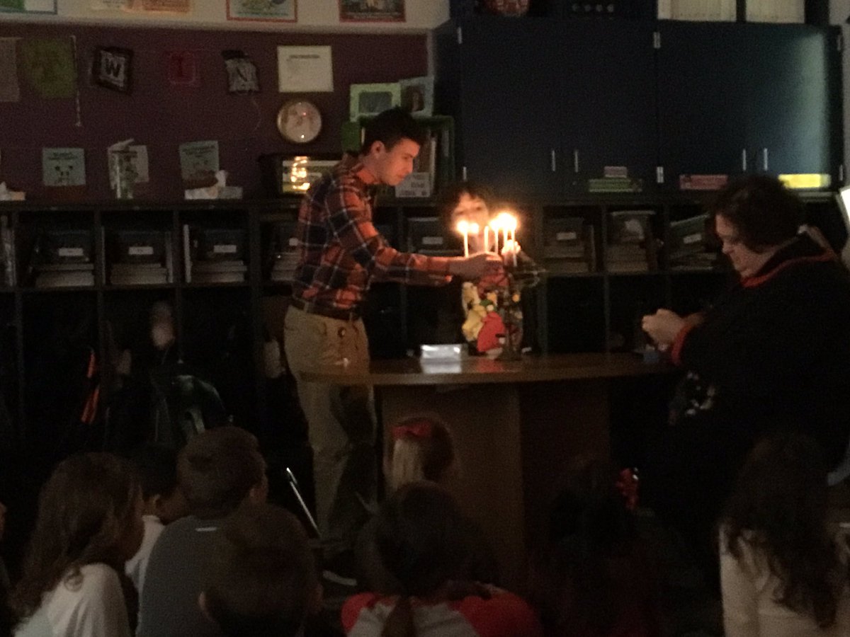 lorabishop19's tweet photo. We are learning and celebrating Hanukkah with our classes.  Strong community equals strong heart!  Thank you so much for joining us Mrs. Winkler’s second grade and Mr. Hammer’s third grade for joining us. #BrookridgeSMSD #fortheloveof5th https://t.co/ZmIwH7VIjs