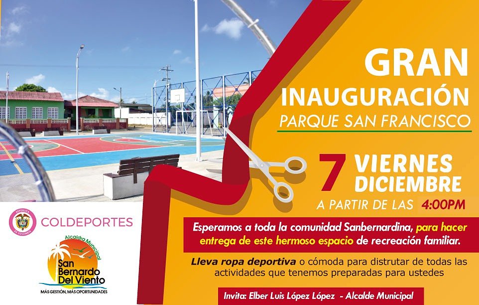 lopezelberluis's tweet photo. ¡Gran Inauguración! 🎉⚽️ Este VIERNES 7 de Diciembre daremos apertura al Parque San Francisco, un espacio transformado para la Familia #Sanbernardina 👨‍👩‍👦‍👦🎊 Seguiremos adelante con esfuerzo, amor y dedicación trabajando para San Bernardo del Viento. 👍 @elberlopezlopez - Alcalde. https://t.co/dMo8MEaX19