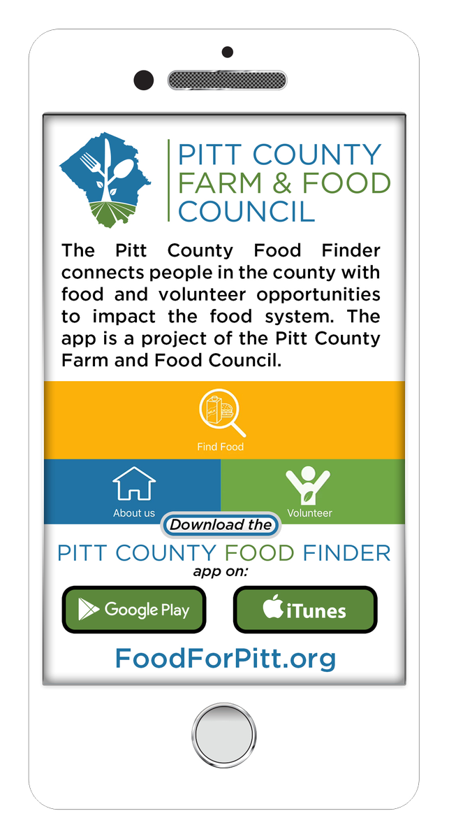 Checkout this awesome new Food Finder app from the Pitt County Farm and Food Council. Search for "Food for Pitt" in the App Store or Google Play. @ECUCLCE <a href="/GreenvilleGov/">GreenvilleGov</a> <a href="/PittCountyNC/">Pitt County, NC</a> <a href="/PCS_NC/">Pitt County Schools</a> <a href="/UnitedWay_PittC/">United Way Pitt Co.</a>