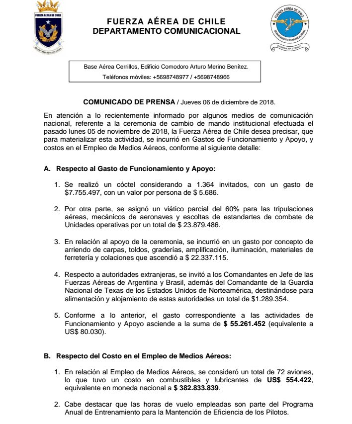 RodoCarrascoM's tweet photo. FACH DETALLA COSTOS DE CEREMONIA DE CAMBIO DE MANDO. Esta tarde la Fach emitió un comunicado en que detalla el costo de la polémica ceremonia de cambio de mando institucional del pasado 5 de noviembre que tuvo un valor de $483.095.291. Volaron 72 aviones @DFinanciero https://t.co/5rSkaHhgzV