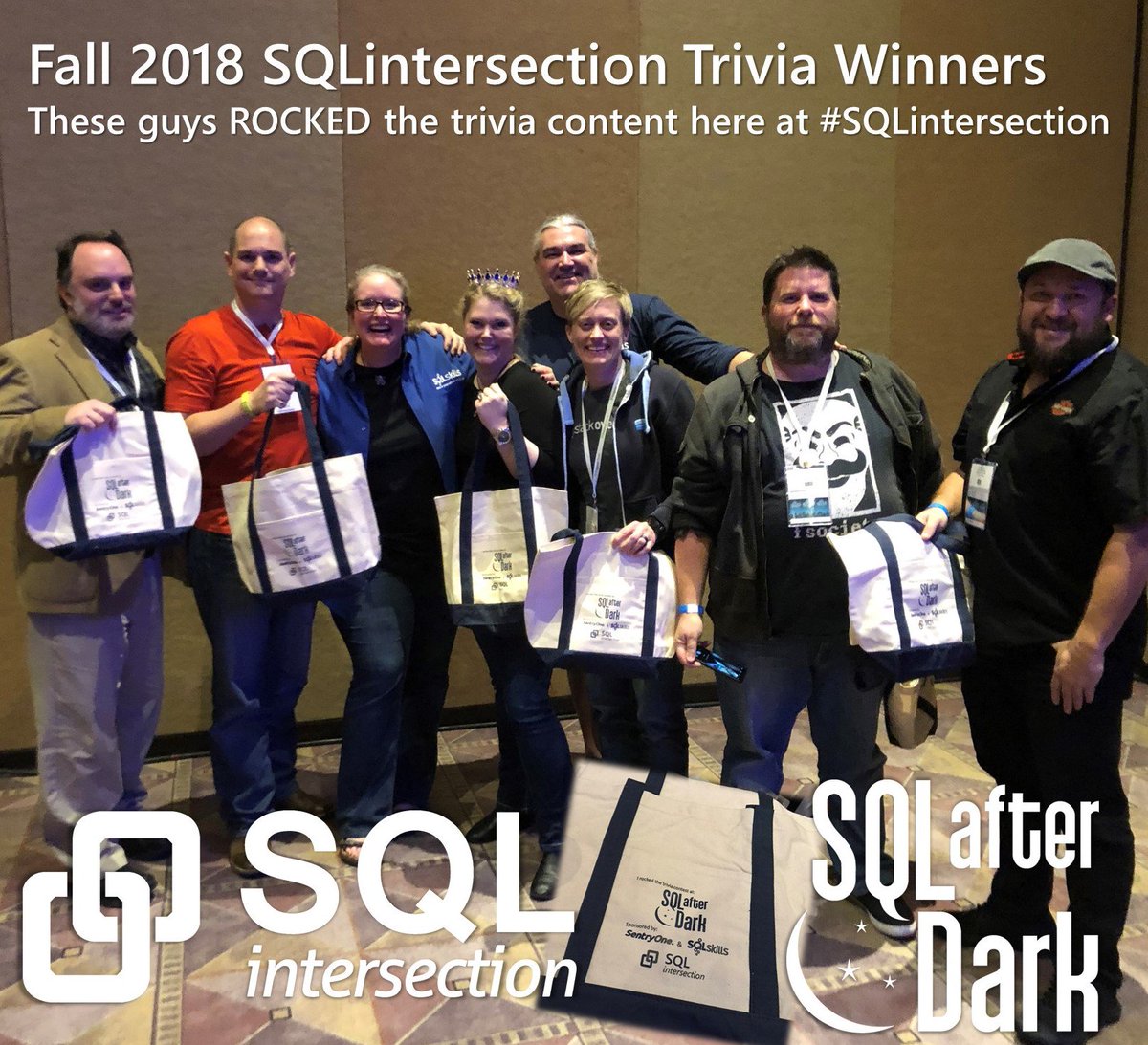 KimberlyLTripp's tweet image. Last night's #SQLafterDark was one of my all time #SQLintersection favorites!
Trivia winner's won an "I rocked the Trivia at #SQLafterDark" swag bag filled with: #SQLskills + @SentryOne swag PLUS a free online class w/@BrentO + a free online class w/#SQLskills
Congrats!!