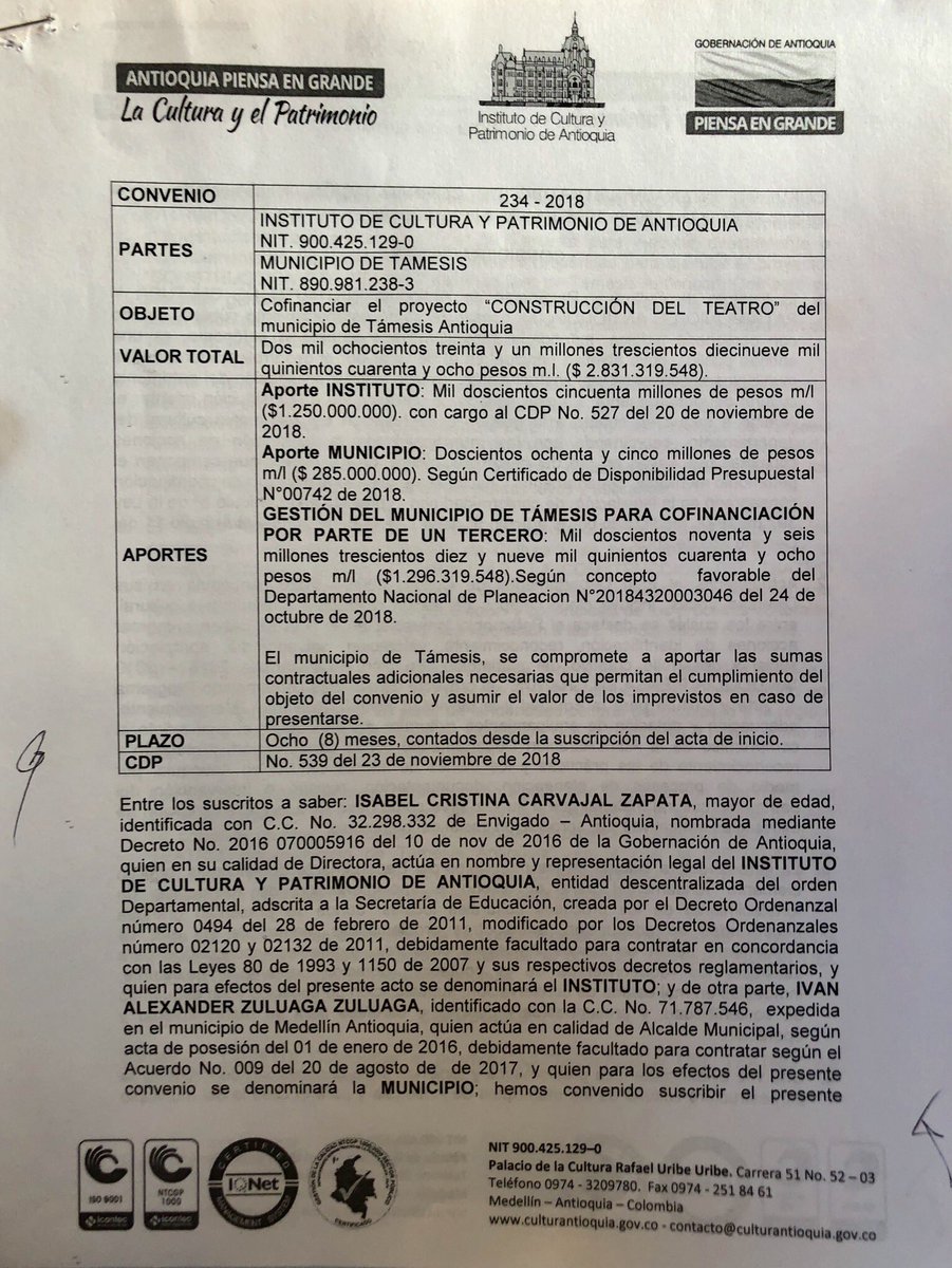 AlexanderZuZ's tweet photo. Se firma el convenio que garantiza la financiación y construcción del Teatro #ProvinciaCartama en #TamesisTerriotoriodeEsperanza por $ 2.831 millones, inversiones que transforman realidades 🏤🎭🎺🎻🤹♂️ agradecimientos: #CulturaYPatrimonio #GobAntioquia #Mincultura #GermanBlanco https://t.co/9hATpNZ9HA