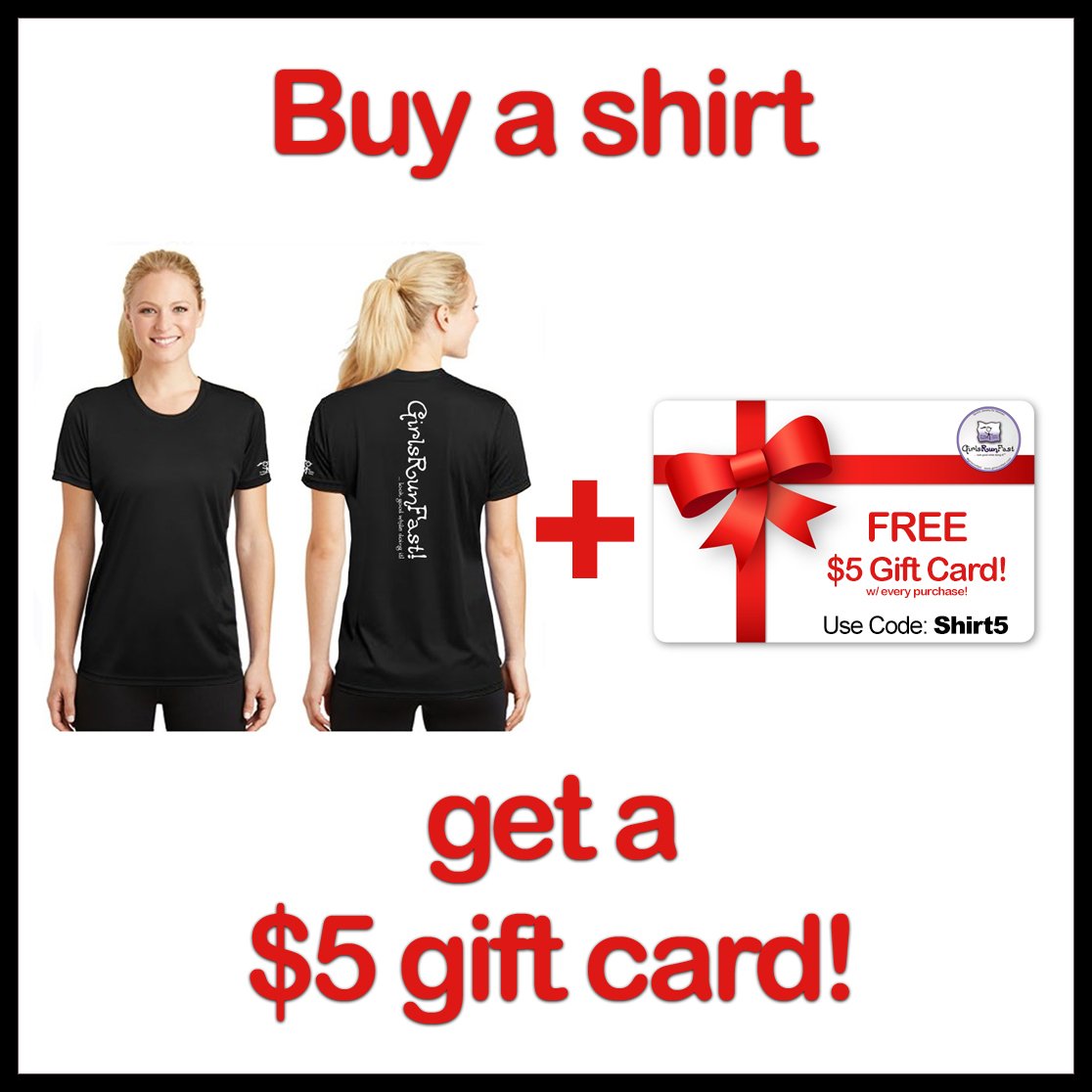 GirlsRunFast's tweet photo. #FLASHSALE! Use code: Shirt5
Get $5 off our amazing black shirt and a FREE $5 gift card! 
PLUS we'll add a FREE Buff and a Pop Socket!
#GirlsRunFast
#RunBeautiful
#CelebrateYourAccomplishment https://t.co/iKOAiCAdy3