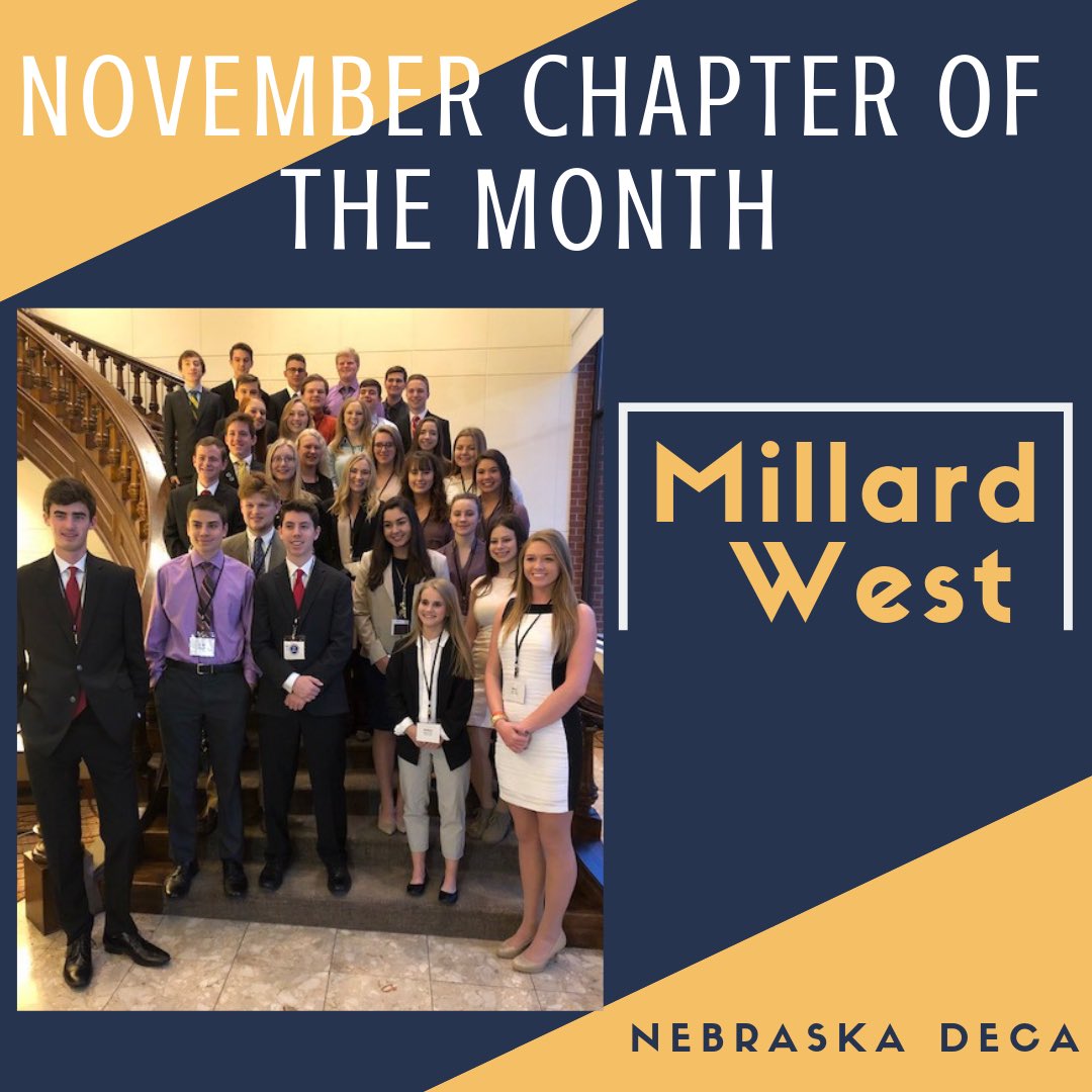 NebraskaDECA's tweet photo. Congratulations to Millard West High School on being named Nebraska DECA’s November Chapter of the month! @decamwest 🔷 https://t.co/hEpeKuXqXR