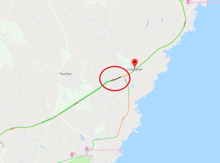 trafficscotland's tweet photo. *NEW* ⚠️ 20:39
#A90 both ways at the Cruden Bay turnoff #A975 - The road is CLOSED ⛔️ due to a 2 vehicle RTC. A local diversion is being set up & @NETrunkRoads are en-route to clear up debris and a spillage.
Affecting traffic btw Longhaven & Hatton.
@NorthEPolice https://t.co/Xu96i6xYQ9
