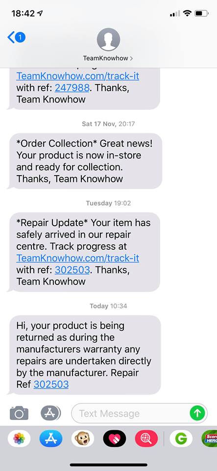 moreirapac's tweet photo. so, as seen on this text thread from @curryspcworld and @TeamKnowhowUK, we have started the journey of trying to get our brand new 3 month old PC (which has had software problems from the moment of purchase) repaired on the 14th of NOVEMBER. https://t.co/KLLVJzLdR8