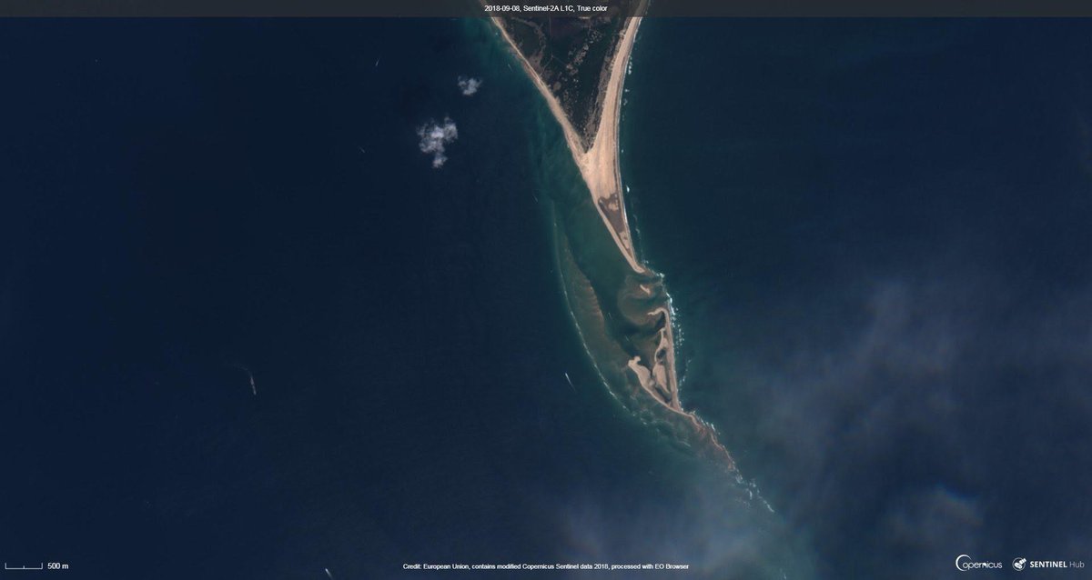 spatial_sauce's tweet photo. I cannot stop. Take a look at these pre- and post-Hurricane Florence satellite images of Cape Lookout (Left is before). These images help explain how Cape Lookout has shifted so much in only the last 20 years. #SpatialSauce https://t.co/2DvG5sdiU9