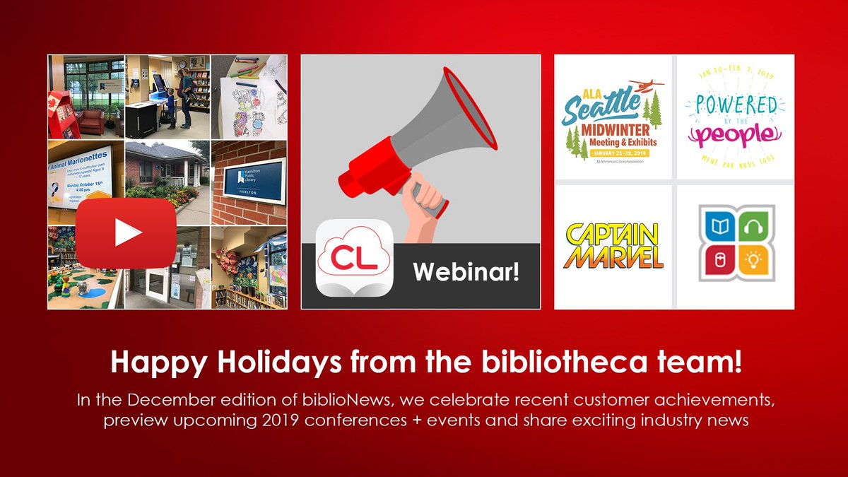BibliothecaX's tweet photo. Happy Holidays from bibliotheca! In the December edition of biblioNews, we celebrate #openlibraries successes @HamiltonLibrary and @vencolibrary, share details on the upcoming #cloudLibrary webinar, prep for #ALAMW18 in Seattle and more! Don't miss it: https://t.co/5CRn7lBFhv https://t.co/UmNMtZ7vJr