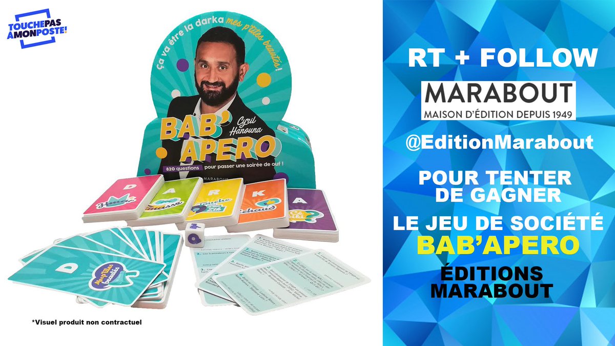 TBT9_W9's tweet photo. 🎁 #JeuConcours 🎁
👉 RT + Follow @EditionMarabout pour tenter de gagner le nouveau jeu de @Cyrilhanouna : Le Bab'apéro ! 820 questions pour un apéro de ouf avec des défis, des mimes... Vous allez adorer !
Infos : https://t.co/7By1Qx8Hto
🍀 Tirage au sort mercredi 12 décembre 🍀 https://t.co/bZ77FGgzOn
