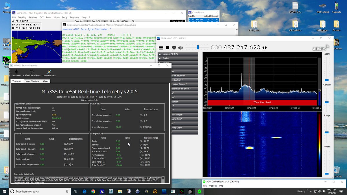 n6rfm's tweet photo. @minxsscubesat telemetry 6Dec18 from FN41 80W. Pretty crowded sky! Multiple signals as the new flock soared overhead. @airspy_com #sdr# #Direwolf #MinXss decoder https://t.co/24b3EgkhGV