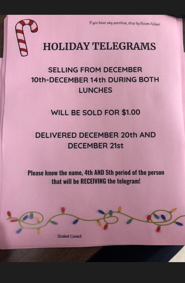 TaftCouncil85's tweet photo. It’s the giving season! Help support student council by giving the people you’re grateful for this year with a Holiday Telegram! https://t.co/jG6U8gGJZC