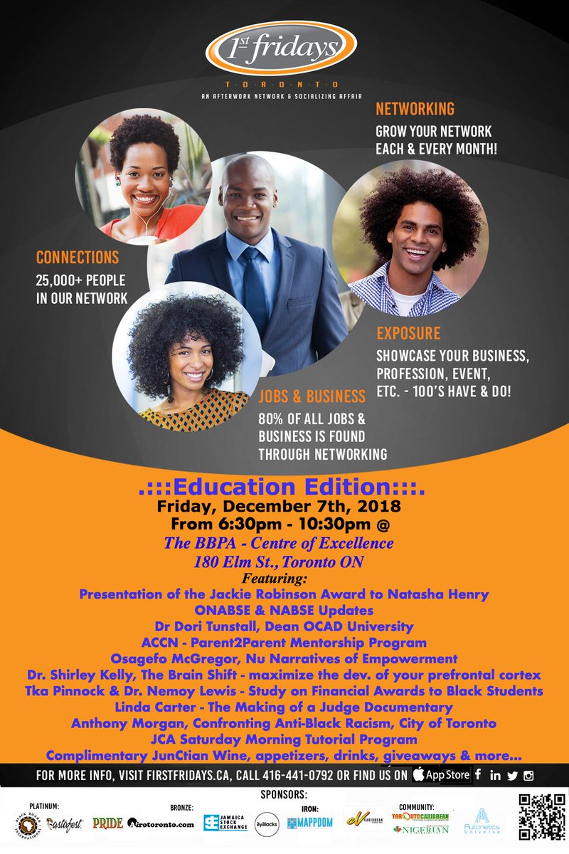 FirstFridaysTO's tweet image. 1st Fridays Education Ed'n Fri. night @TheBBPA Featuring: Presentation of the Jackie Robinson Award to @NatashaHenry @ONABSE & @NABSE_org Updates
@Dori_Danthro @JCA_Ontario & more...
Complimentary Wine provided by JunCtian, appetizers, giveaways & more.. firstfridays.ca