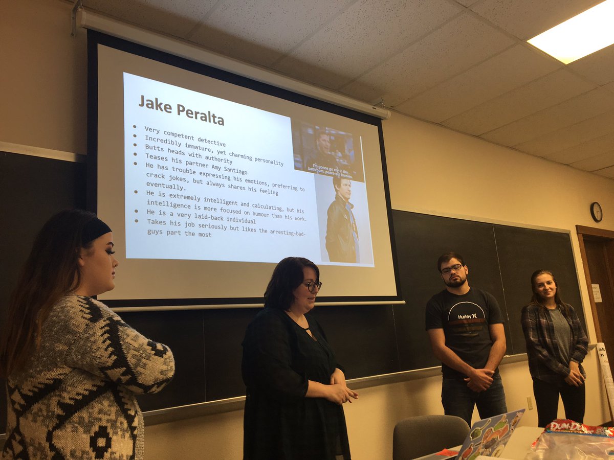 _Barbara_Prince's tweet photo. Alex, Kyra, Sean, and Krista examined gender stereotypes in Brooklyn Nine-Nine. Overall they found that, in season one, Jake displayed more masculine traits than feminine traits, while Amy also displayed more feminine traits than masculine traits. #MSideGender https://t.co/yGHmI9M9rr