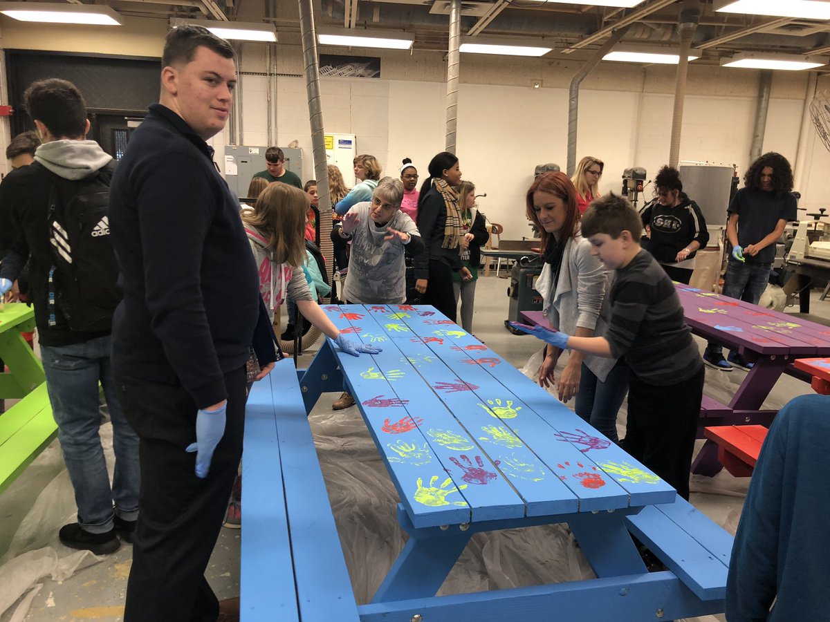 MichelleEngle8's tweet photo. High school students in Mr. Gilpin’s class built, painted, and helped our younger students with their new picnic tables.  The smiles and giggles were priceless! Ringgold Pride all the way! Bringing smiles to others with a gift that will keep on giving #ringgoldpride #kindness https://t.co/AvsnTBHzP8