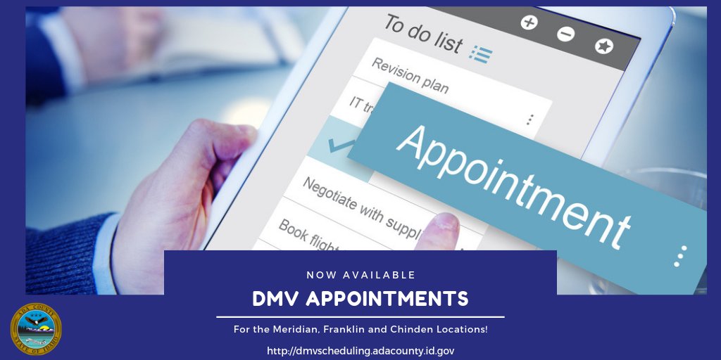 AdaCoAssessor's tweet photo. You can now make an appointment for your motor vehicle registration, plate renewals, boat registrations, Idaho titles and more at our Chinden, Franklin and Meridian DMV locations. https://t.co/TE8GYPT33X
#AdaDMV #onlineappointments #lesswait #scheduletoday https://t.co/NMP0UQqLWI