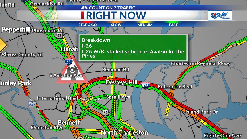 counton2traffic's tweet photo. COUNT ON 2 TRAFFIC ALERT: 
Stalled vehicle on I-26 Westbound in Avalon In The Pines.

#chstrfc https://t.co/yujTGI374A