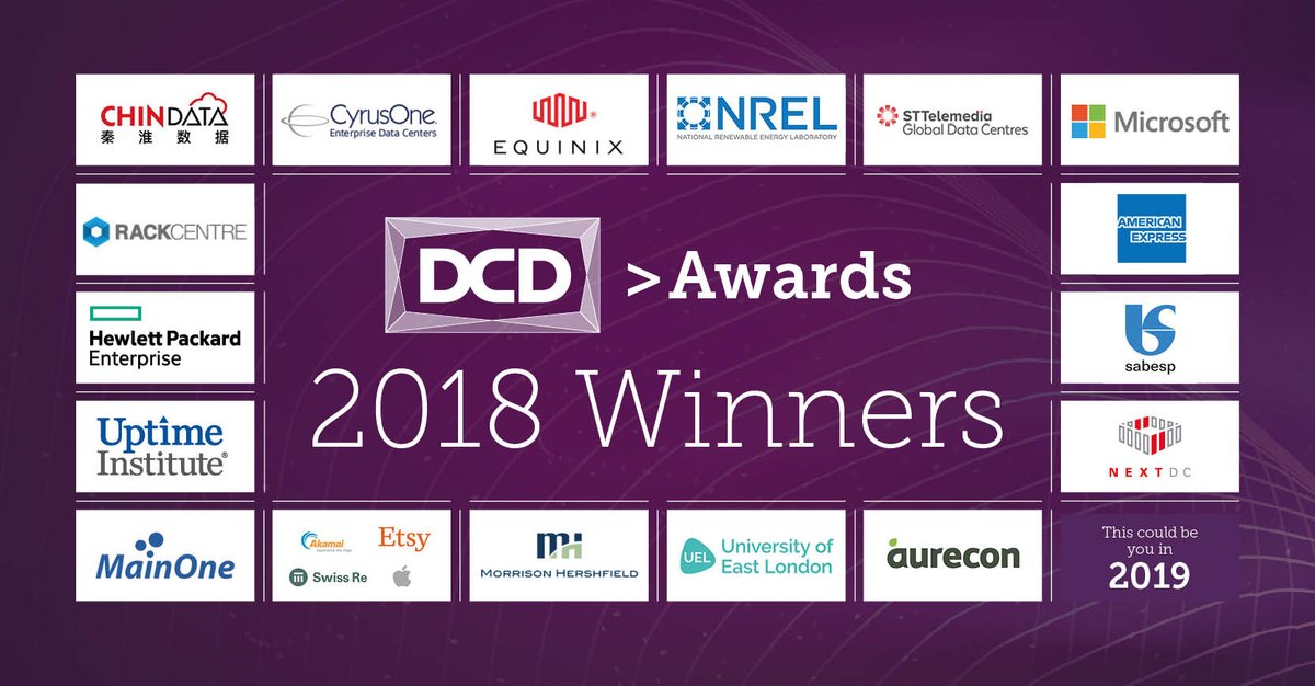 dcdnews's tweet photo. Congratulations to all the winners at the #DCDAwards! #ChinaData
@Cyrusone @Equinix @NREL #STTelemedia @Microsoft @AmericanExpress @CiaSabesp @NEXTDC @RackCentre @Aurecon @UEL_News #MorrisonHershfield @funkeopeke @Mainoneservice @UptimeInstitute @SpaceborneComp https://t.co/f1UszJ0LkY