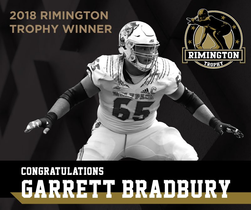 rimingtontrophy's tweet photo. Congratulations to the winner of the 2018 Rimington Trophy, @PackFootball Center Garrett Bradbury! https://t.co/eGueS2VsNQ