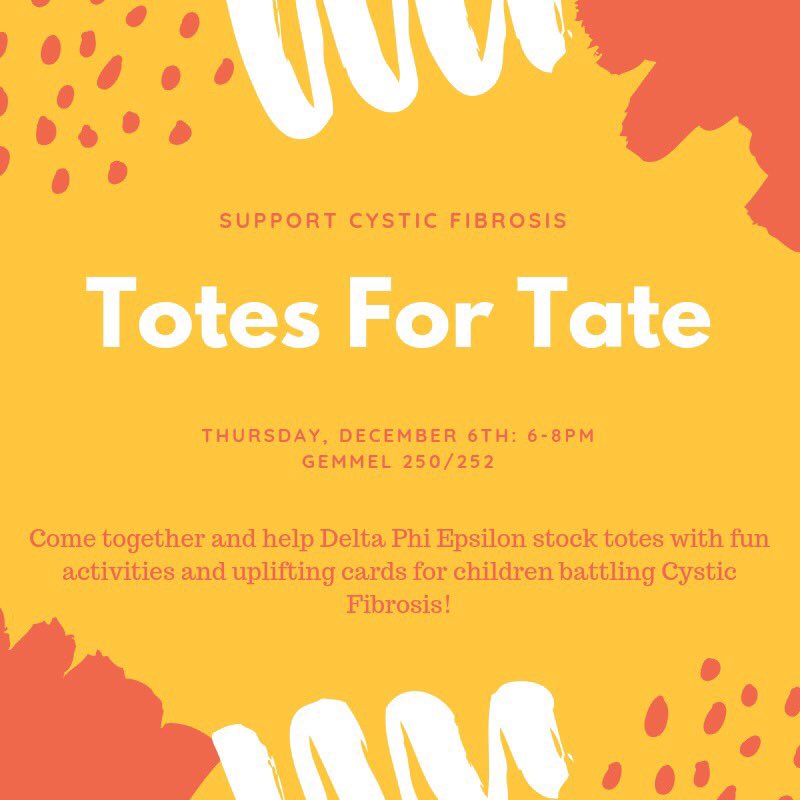 DPHIEclarion's tweet photo. ⚠️⚠️ DON’T FORGET ⚠️⚠️ to stop by Gemmell 250/252 (tonight!!) &amp; make goodies for kiddos battling Cystic Fibrosis. 6-8pm! 😊 https://t.co/ndSRuaVSUm