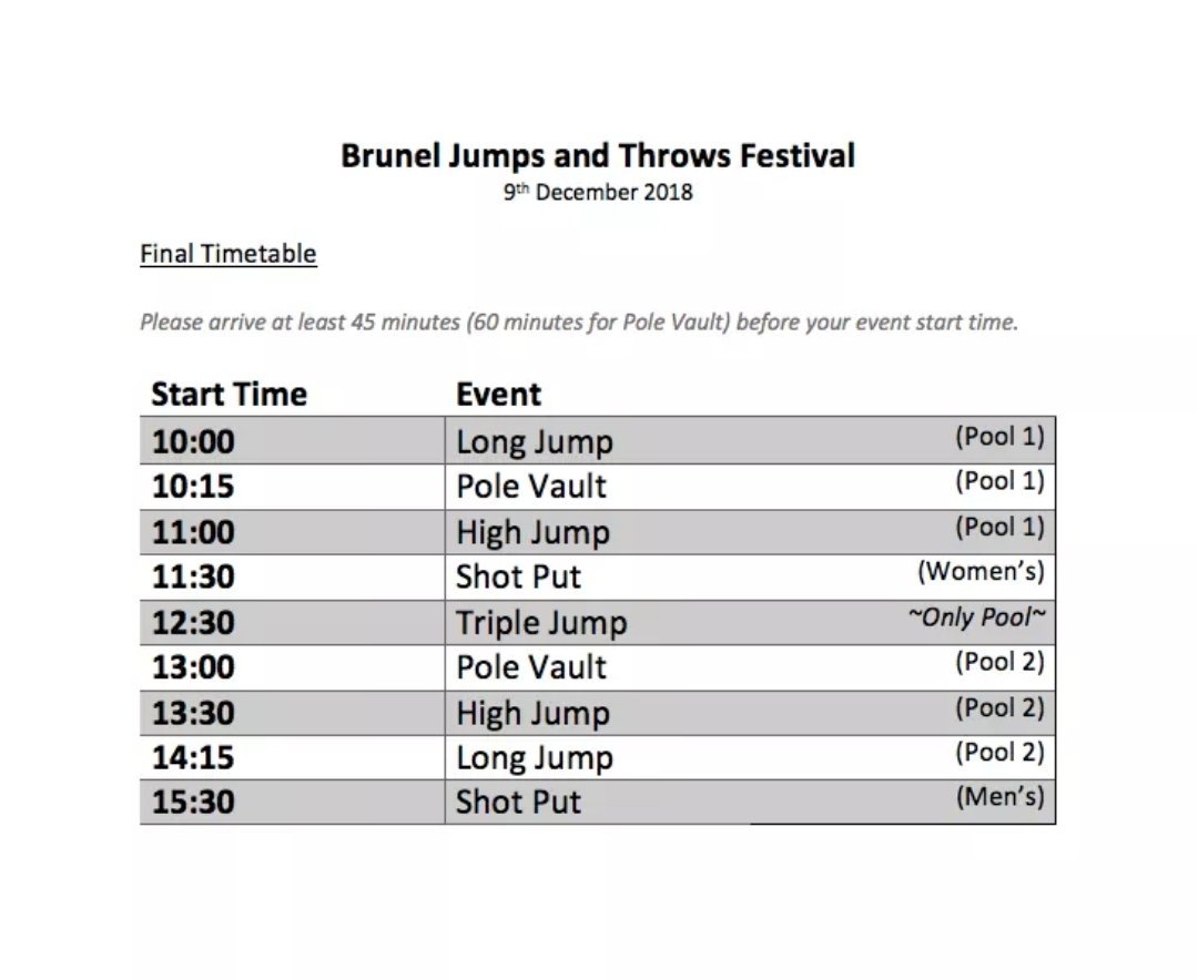 Hey everyone!

Here is our final timetable for sunday! 

If you havent recived and e-mail with the assigned pools then please head over to our Facebook page

Brunel indoor jumps and throws festival 

See you all on sunday!