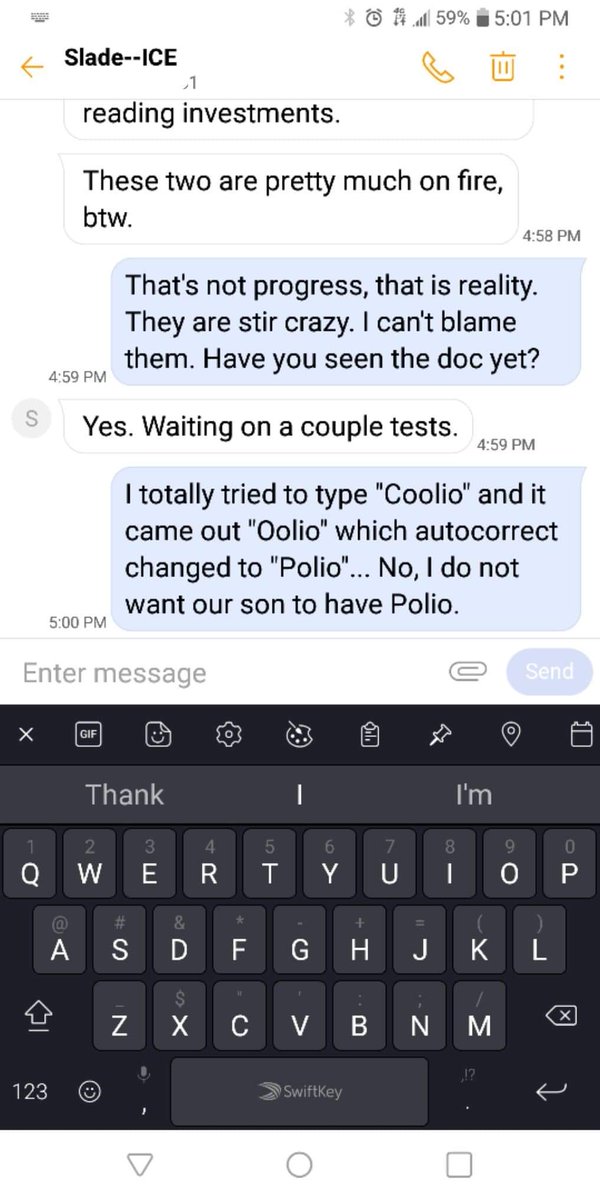 KateMielitz's tweet image. .@KMielitz is at the doc. Feels fine, but can't eat without throwing up... Now 5 days running. @milvet2016 tells me they are waiting on some tests...and you can see my #autocorrectfail #textingproblems #Ithinkitistheflu #notpolio #stupidautocorrect.