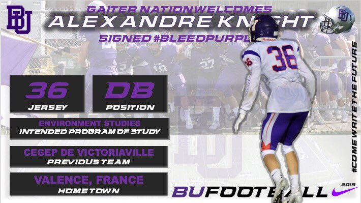 GaitersHC's tweet photo. We are extremely happy that DB Alex Knight from Victoriaville has committed to @BishopsGaiters football. Watch his film here: https://t.co/QKbPfQv45G. He will be pursuing a degree in Environment Studies https://t.co/wQyEDIRZrw. #bleedpuple #gaiternation https://t.co/KQBWLcQ0CI