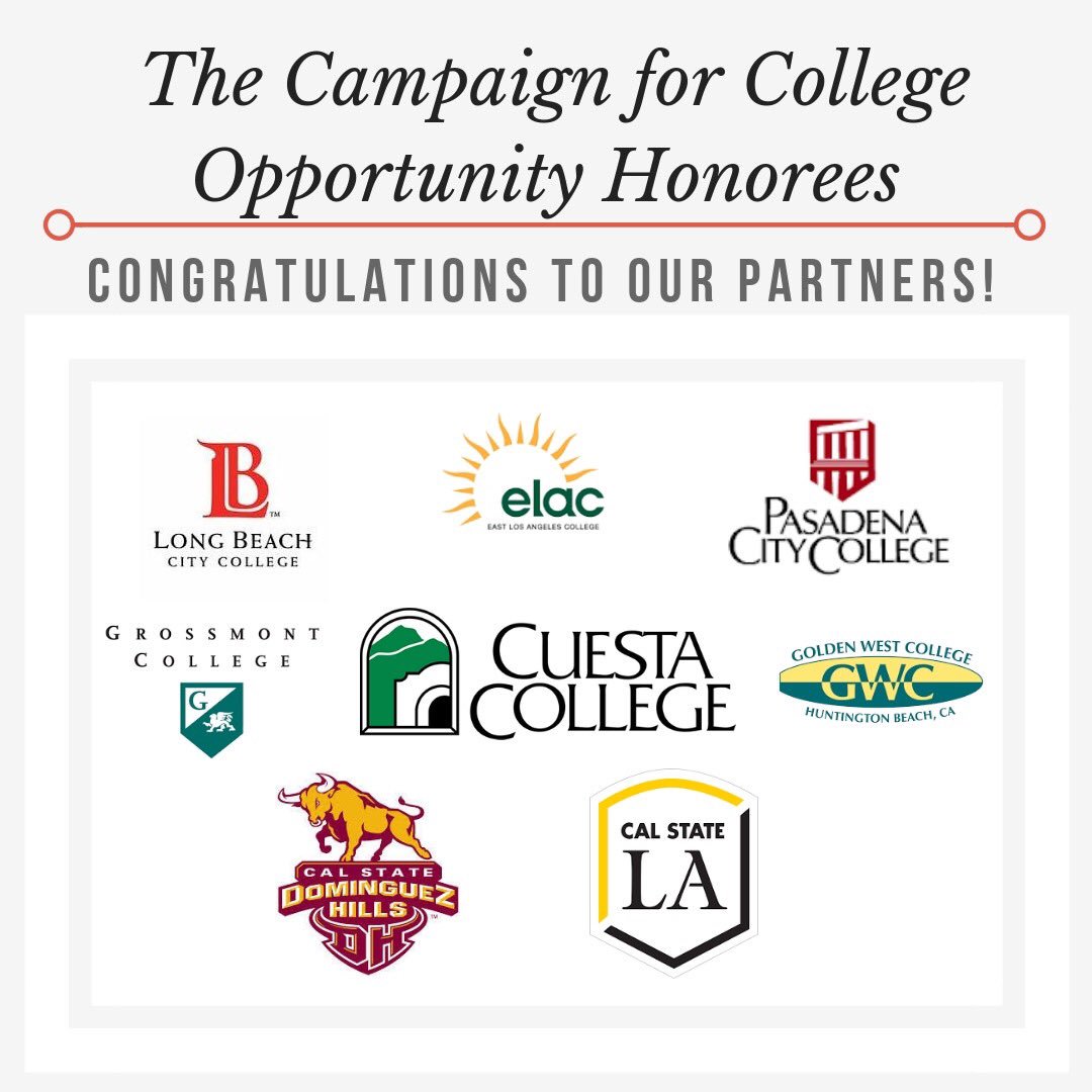 Center4UrbanEd's tweet photo. Check out @CollegeOpp’s 2018 College &amp; University Honorees: @LBCityCollege @EastLACollege @PCCLancer @GrossmontCCR #cuesta @CalStateLA #GoldenWest 
#calstateDH Congratulations to our partners for their #excellence in implementing the Associate Degree for #Transfer! #HigherEd https://t.co/pKDqQL6MH4