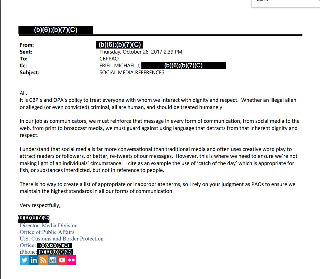 aflores's tweet image. A Customs and Border Protection media officer had to remind his agency not to describe immigrants as #CatchOfTheDay in an email obtained through a FOIA buzzfeednews.com/article/adolfo…