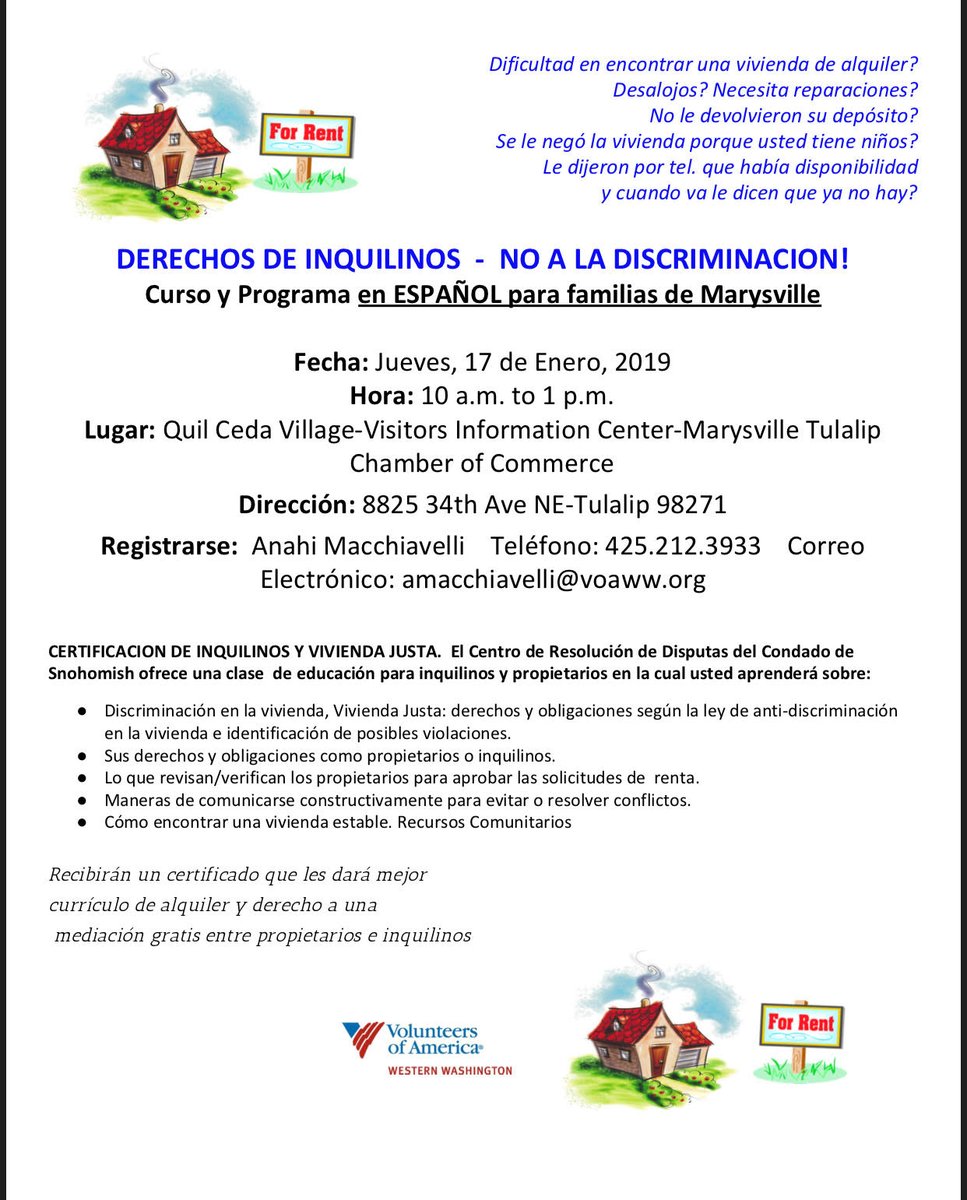 MSD25LibertyES's tweet photo. Clases sobre renta y derechos del inquilino en Espanol para familias de Marysville 
Registración y preguntas  425.212.3933   amacchiavelli@voaww.org https://t.co/totMalUbKk