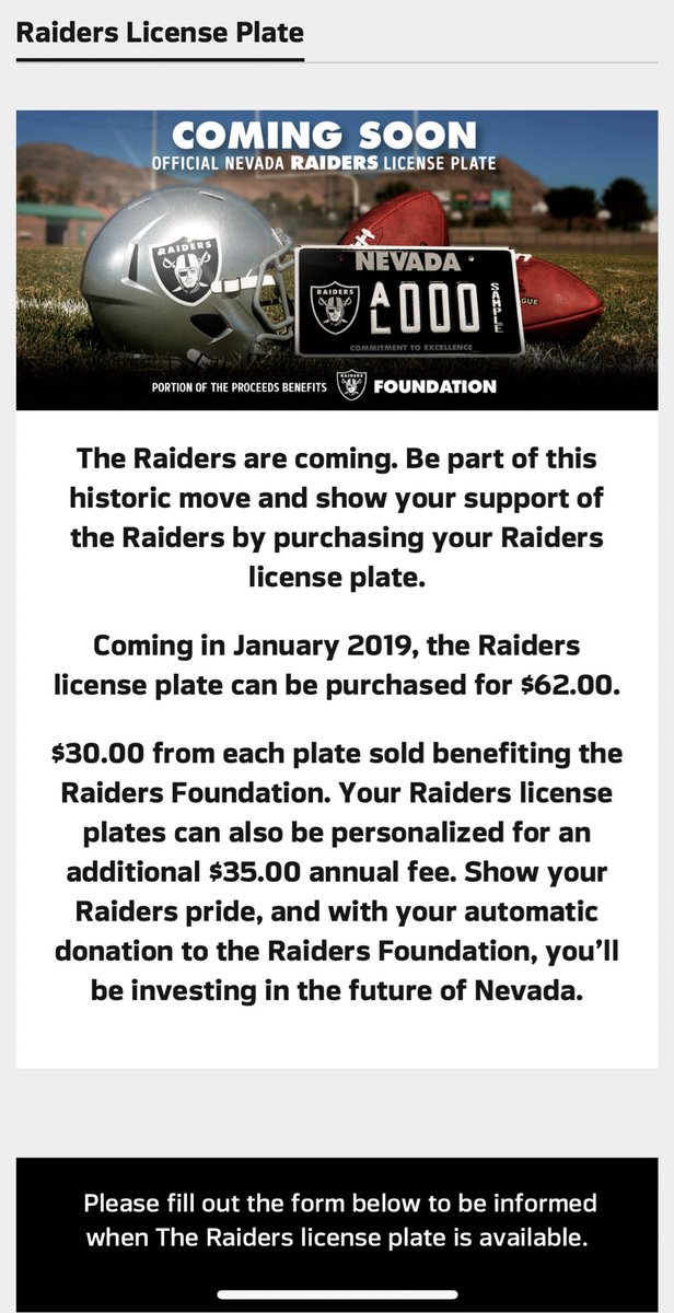 Mick Akers On Twitter Nevada Residents Interested In Being Notified Of When The Dmv Has The Raiders Specialty Plate For Sale Are Urged To Fill Out The Form Here Https T Co D3d4bzkdqy Vegas Raiders
