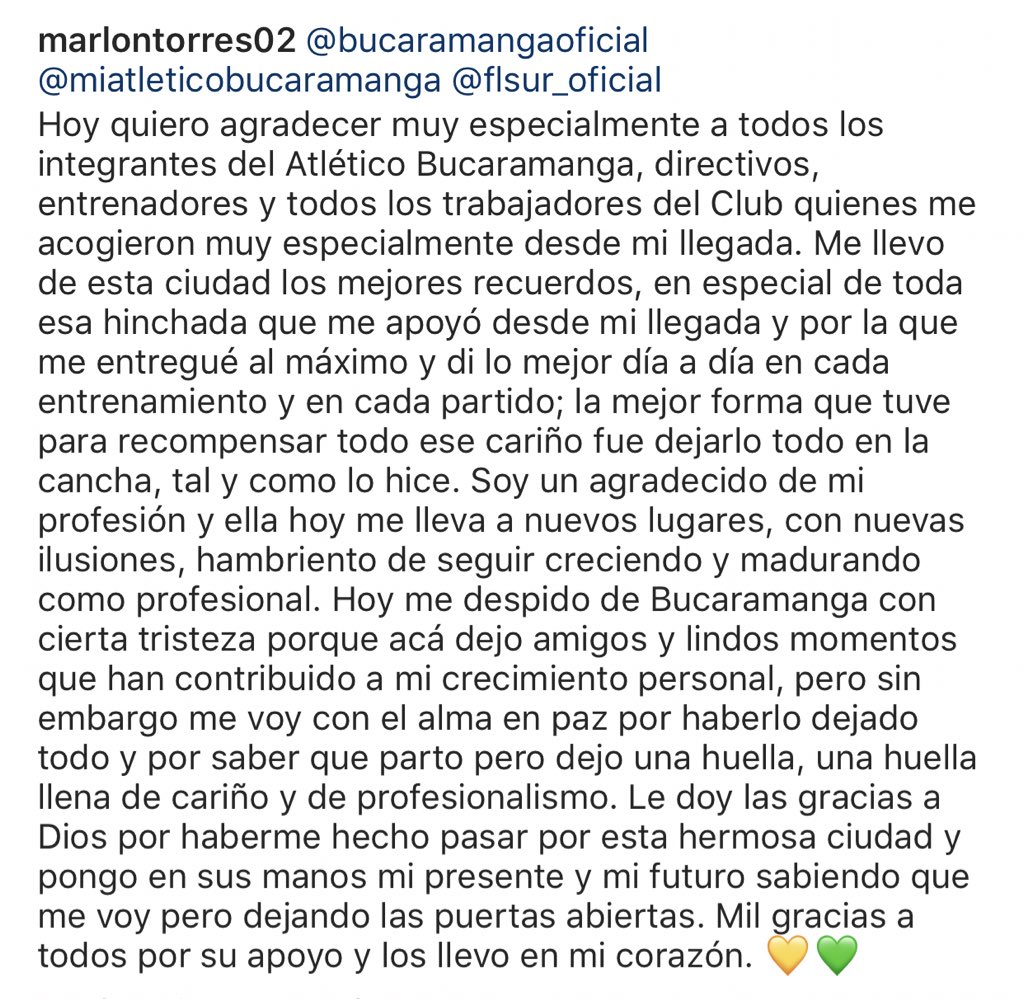 FabianReporta's tweet photo. De esta manera se despide Marlon Torres de @ABucaramanga, de su hinchada y de @Bucaramanga, la ciudadanía bonita. https://t.co/IfyAoCM00V
