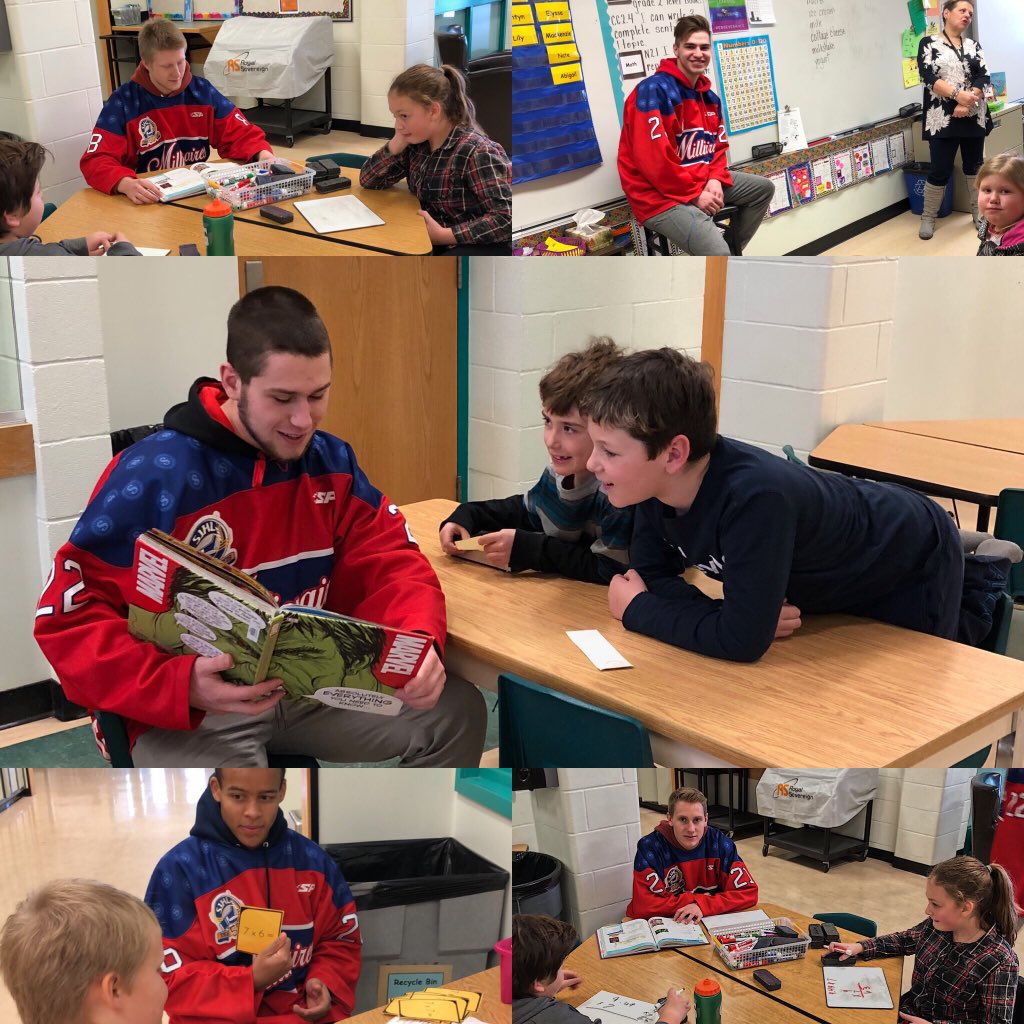 Did you know? Thursday’s are school days! Mils are in the community at all 3 elementary schools every Thursday afternoon! 

#8 Jaxon Tait, #23 Daniel Liberty #22 Max McPeak #26 Luke Nkwama & #21 Damian Bentz

#milshockey #melvillesk #SJHL #community