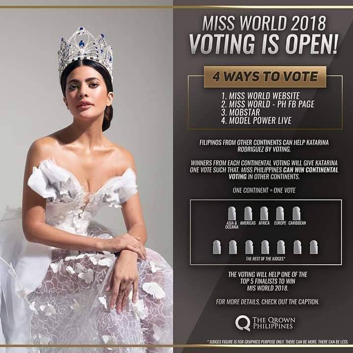 KATroopers's tweet photo. Miss World 2018 Final Vote is open!

Countries who wins the voting within a specific continent will get the vote for the continent. Votes are not limited to member countries of the continent. 

For more info: https://t.co/0VqIdRceUU

#MissWorld #MissWorld2018 https://t.co/zAL1ls7hPL