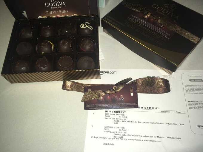 One of the fastest way to My heart #Godiva #DarkChocolate #Truffles Thank you #Slave Todd! Both @DevlynnDeSade<a href="/tag/godiva"class="tags">#Godiva</a><a href="/tag/darkchocolate"class="tags">#DarkChocolate</a><a href="/tag/foodie"class="tags"><span>#foodie</span></a><a href="/tag/service"class="tags"><span>#service</span></a><a href="/tag/gifts"class="tags"><span>#gifts</span></a><a href="/tag/slave"class="tags"><span>#slave</span></a><a href="/tag/truffles"class="tags"><span>#truffles</span></a><a href="/tag/offerings"class="tags"><span>#offerings</span></a>