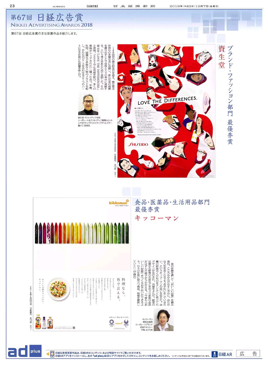 Nikkei Brand Voice 日本経済新聞の広告紹介アカウント On Twitter 12 7掲載の 日経広告賞受賞作品紹介 シリーズです ブランド ファッション部門最優秀賞の資生堂の広告は18年4月8日に 食品 医薬品 生活用品部門最優秀賞のキッコーマンの広告は18年2月25日に