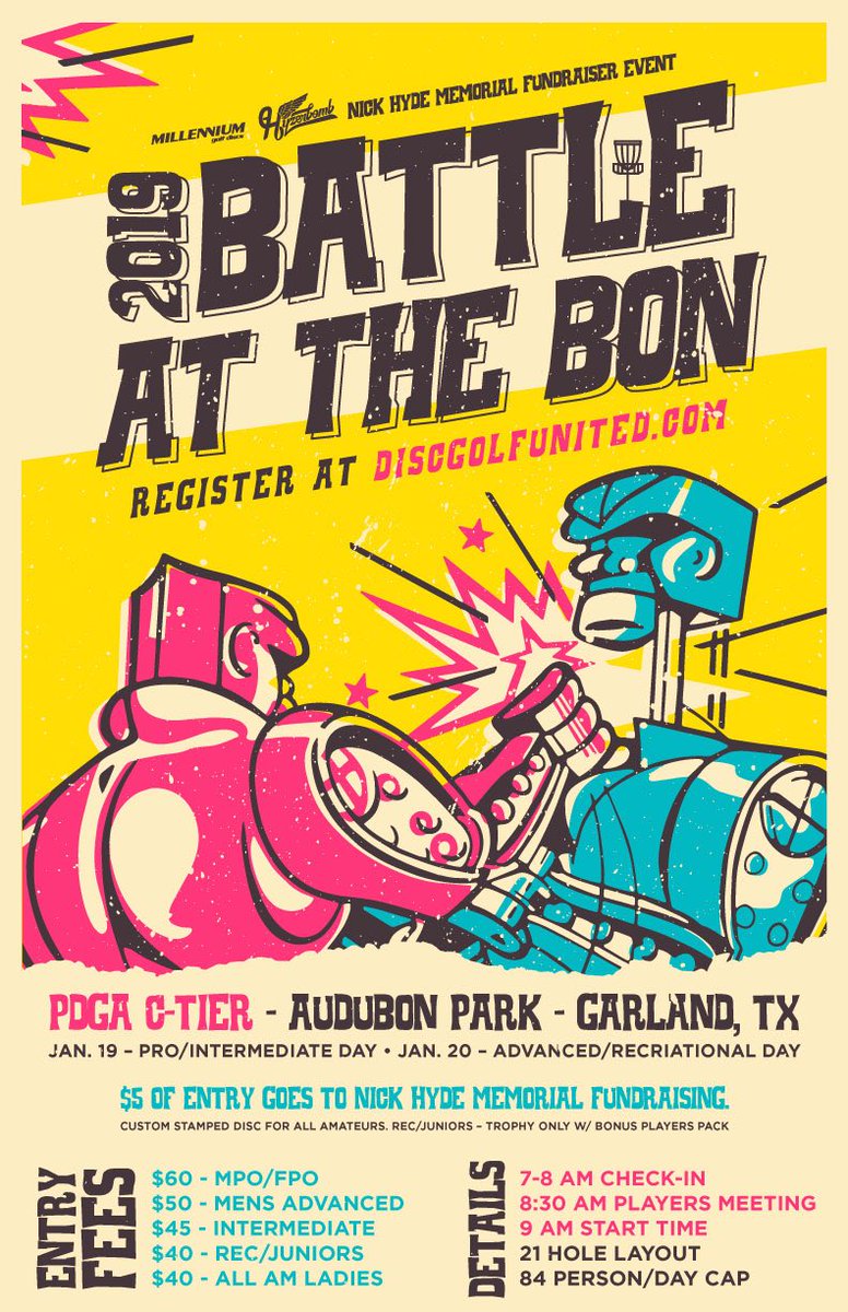 HyzerBombDG's tweet photo. The 2019 Battle at the Bon will take place January 19 and 20. This year, the event will have a split day format and will be a fundraiser for the 2019 Nick Hyde Memorial. Registration opens at midnight on Disc Golf United! 

https://t.co/nQQF6xlW2S https://t.co/WIp0eDAE19