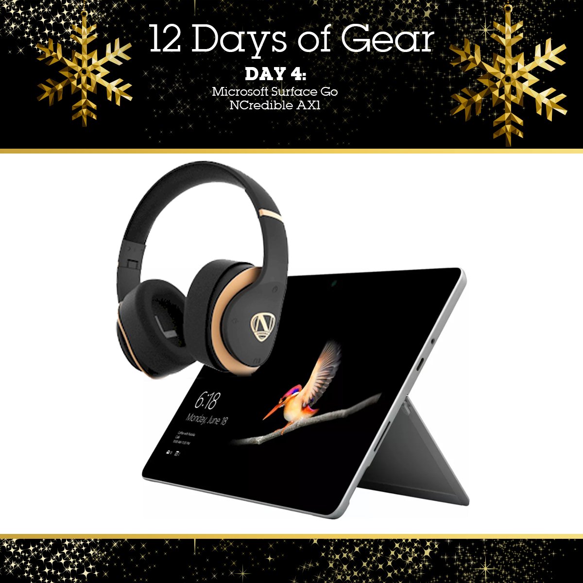 FullSail's tweet photo. Day 4 of #12DaysOfGear: Get your work done on the go with the Microsoft Surface Go and NCredible AX1 headphones! Enter here: https://t.co/XfsHYCljCV https://t.co/4NAUMmrd4D